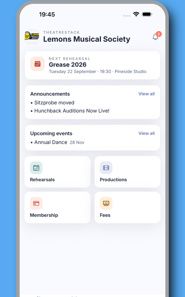 TheatreStack app home screen showing the next rehearsal, announcements, and upcoming events