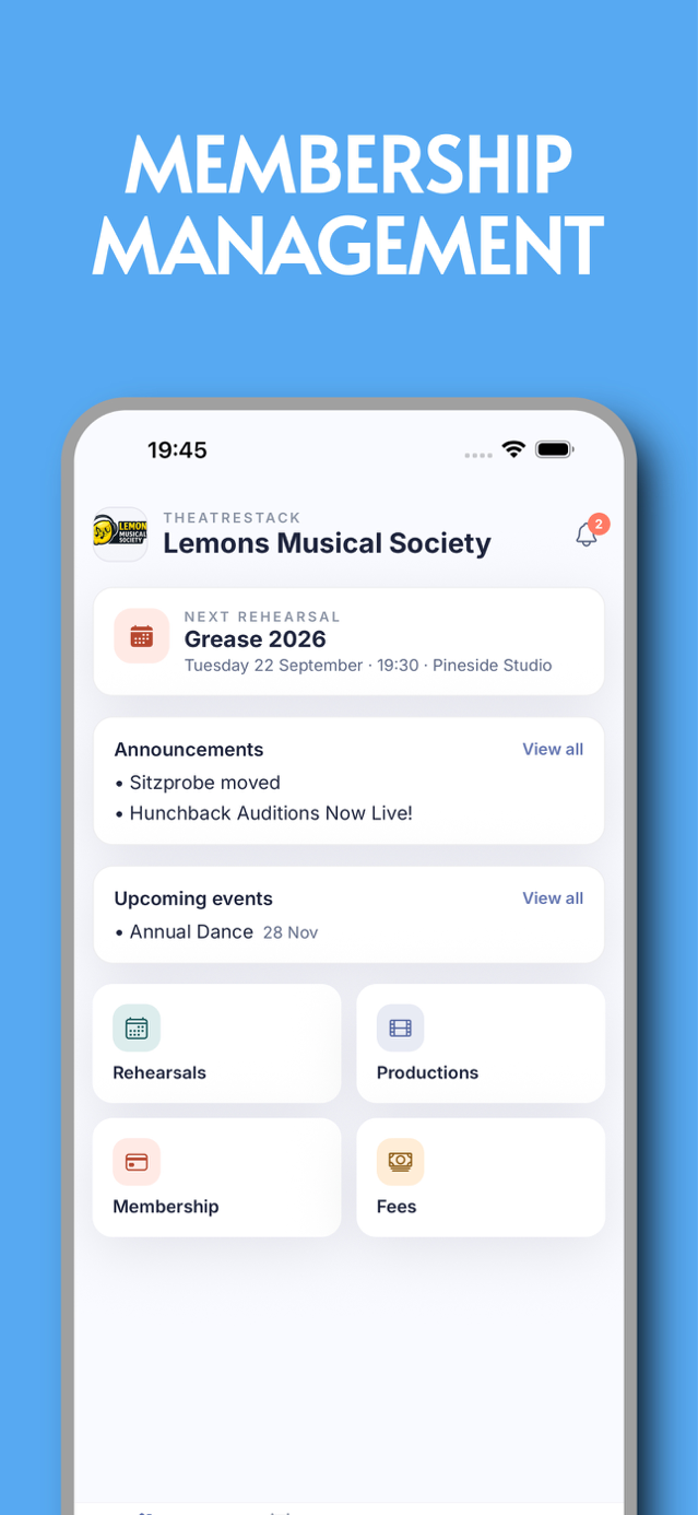Home screen with next rehearsal, announcements, and upcoming society events