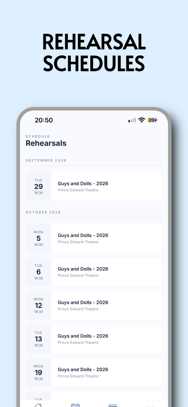 Rehearsal schedule screen listing upcoming rehearsals with dates, times, and venues