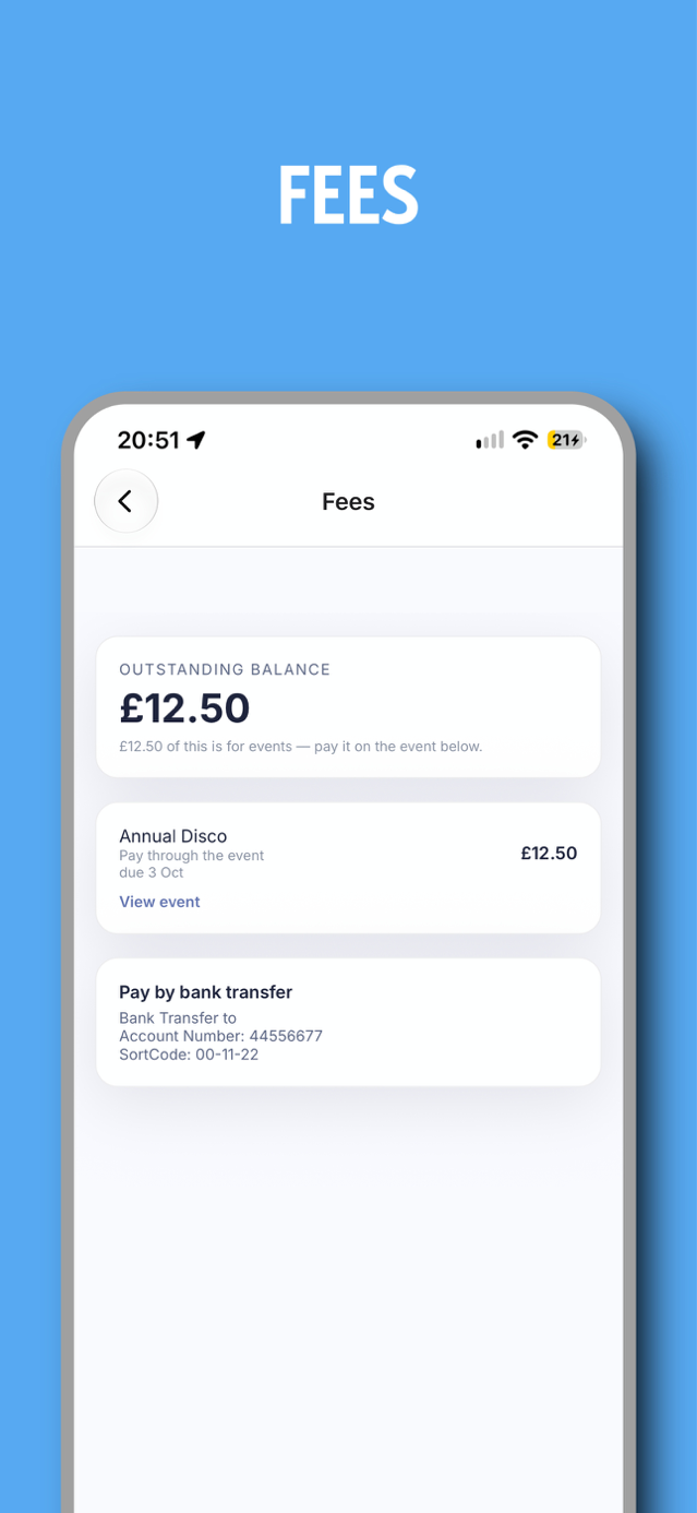 Fees screen showing an outstanding balance and how to pay