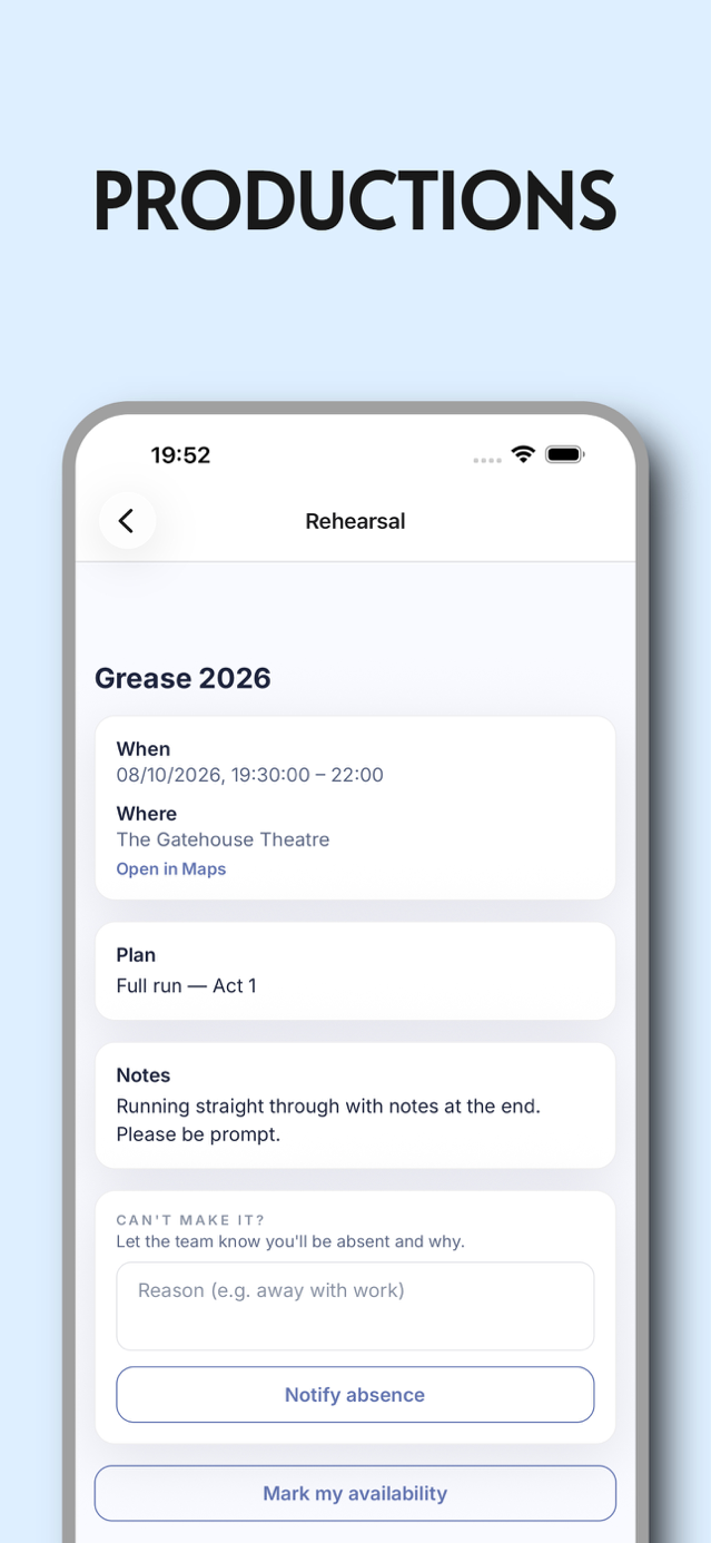 Rehearsal detail screen with venue, plan, notes, and a notify absence button